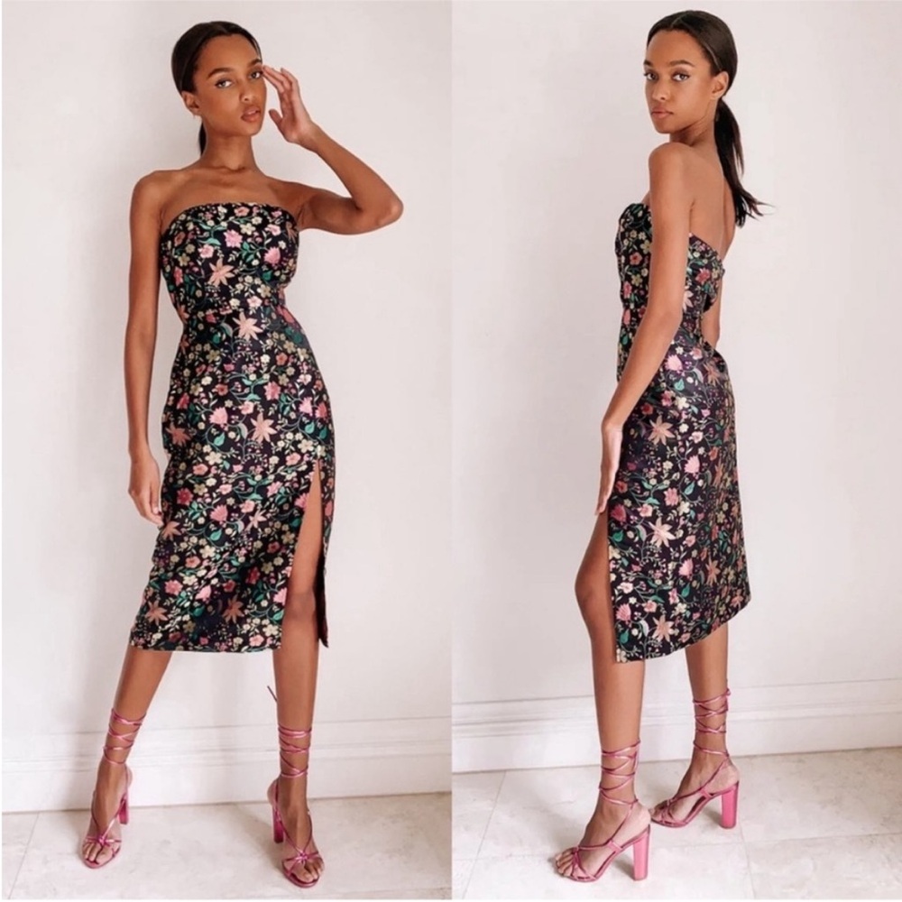 Lulus Make a Move Black Satin Floral Jacquard Strapless Midi Dress Size XS NWT